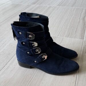 Stuart Weitzman Navy Suede Buckle Ankle Boots